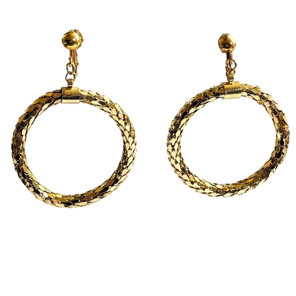 Mesh Earrings VTG Hoop Couture Rare Regal chunky Dangle High end‎ Gold tone clip